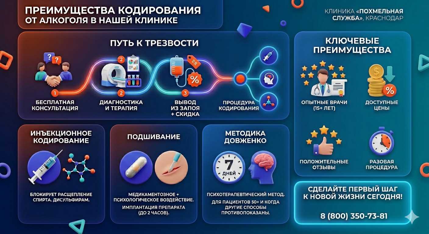 Инфографика о методах кодирования от алкоголя в Ковдоре: инъекции, подшивание, метод Довженко. Преимущества клиники и этапы лечения.
